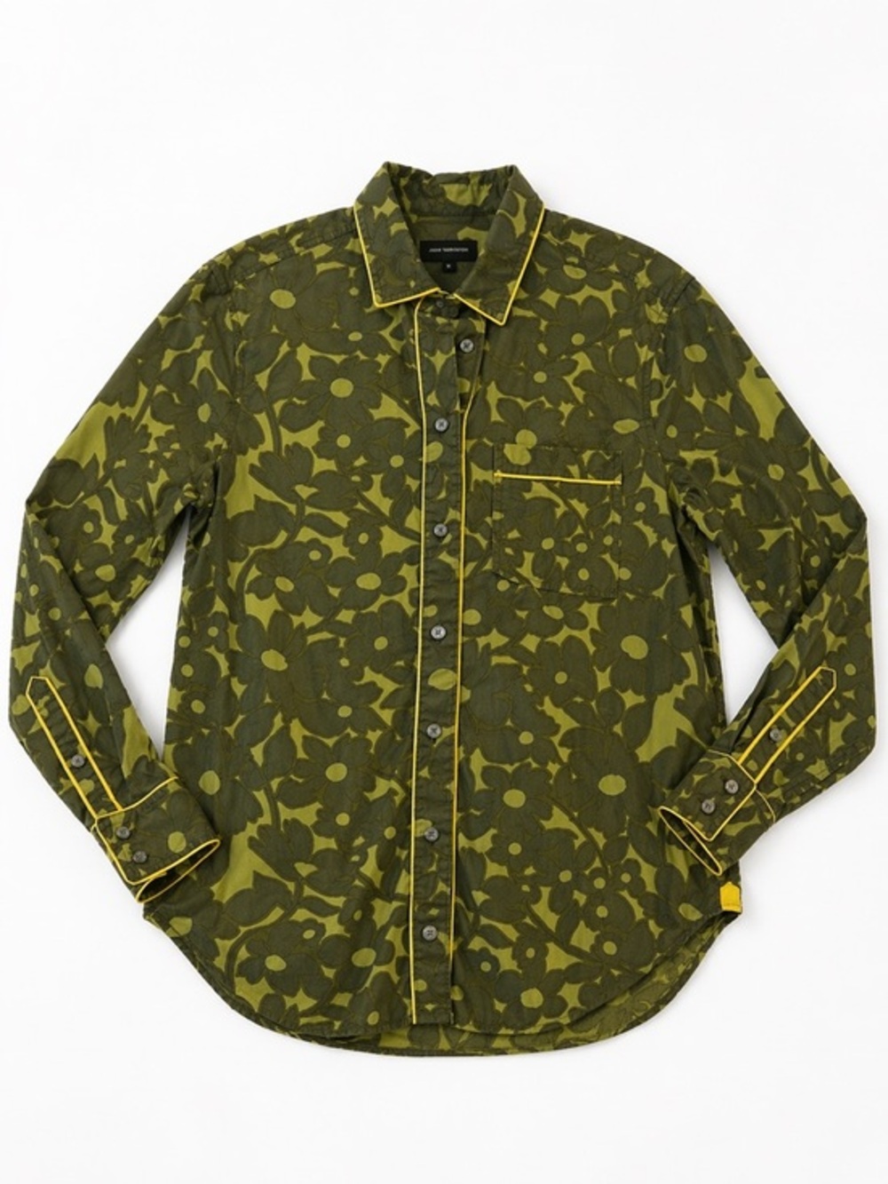 J. Crew XXS Button Down Collar Long Sleeve Shirt Green Floral Yellow Piping